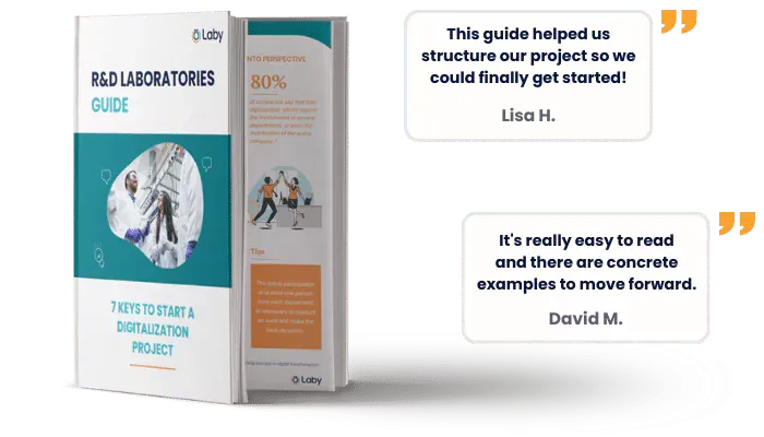 Image du guide pratique pour les laboratoires de R&D, avec deux citations : "Ce guide nous a aidé à structurer notre projet pour enfin nous lancer !" et "C'est facile à lire et il y a des exemples concrets pour avancer."