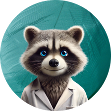 Notre mascotte, un raton laveur avec des vêtements de scientifique.