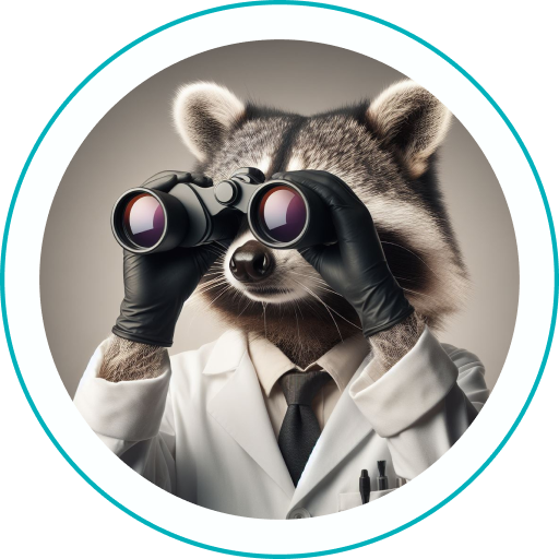 Raccoon dressed as a scientist looking for something with binoculars.