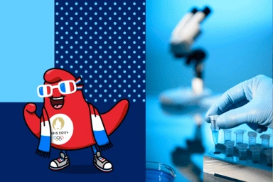 Mascot symbol of the French Olympics on the left and a microscope with samples on the right.